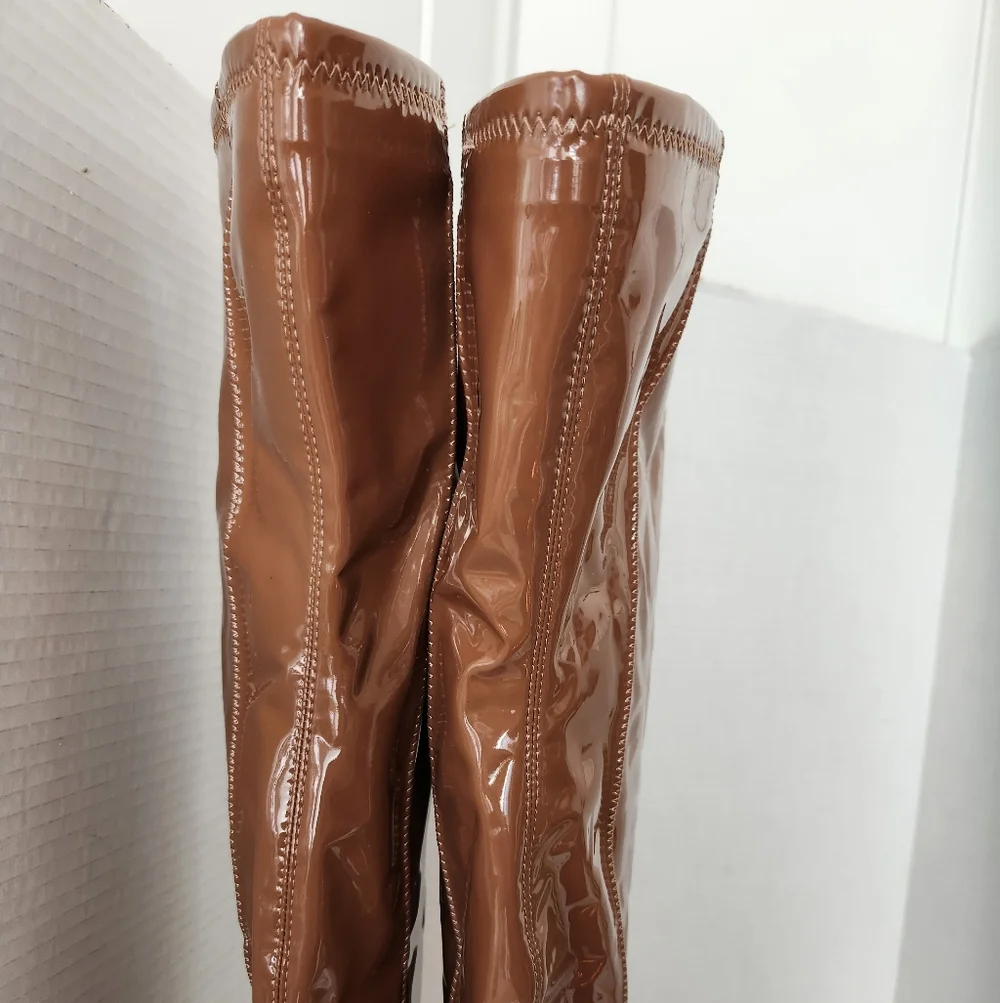 Aldo Women's Thigh High Patent Leather Stilleto Heels Boots Tan Size 5